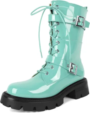 Eldof Women's Combat Boots Ankle Booties Lace Up Platform Lug Sole Chunky Low Heel Buckle Goth Motorcycle Boots for Women Side Zipper 2 Inches