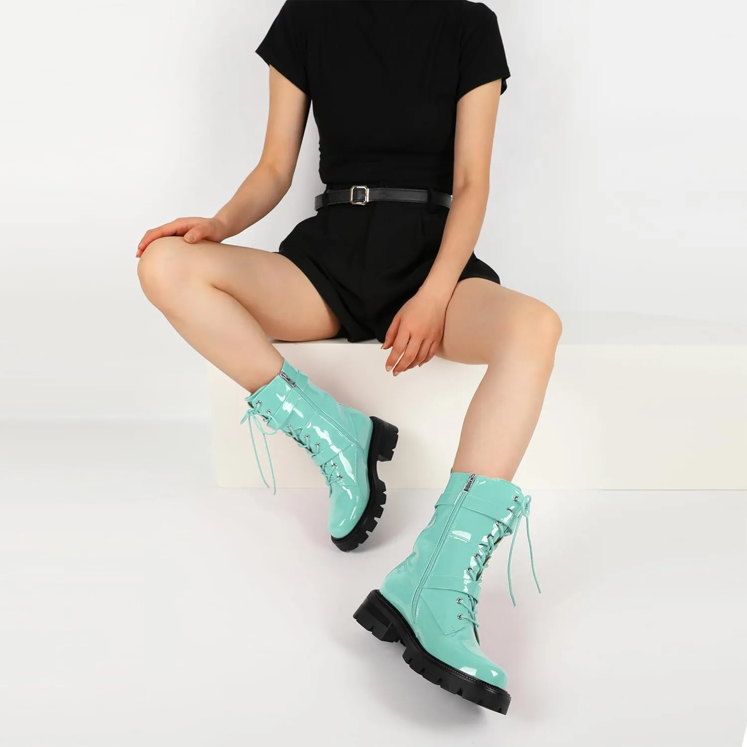 Eldof Women's Combat Boots Ankle Booties Lace Up Platform Lug Sole Chunky Low Heel Buckle Goth Motorcycle Boots for Women Side Zipper 2 Inches