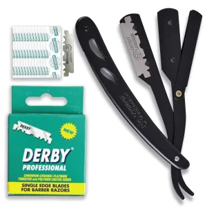 Equinox Professional Straight Edge Razor with 100 Single Derby Blades 100% Stainless Steel Razor and Blades - Close Shaving Men's Manual Shaver - Disposable Blades -Barber Straight Razor Kit - Black