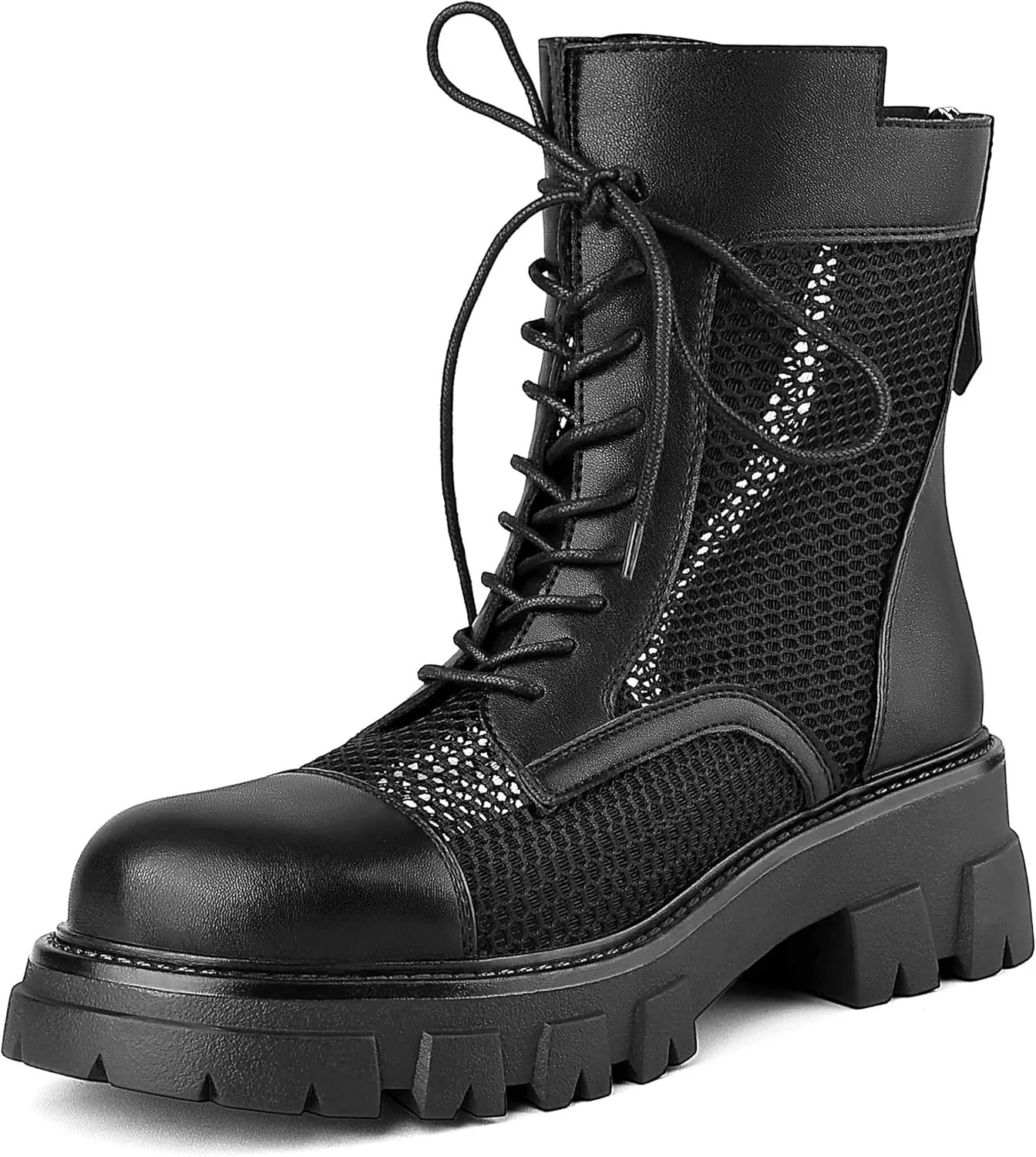 ErikenUrben Women Mesh Combat Boots Platform Lace up Ankle Boots Zip