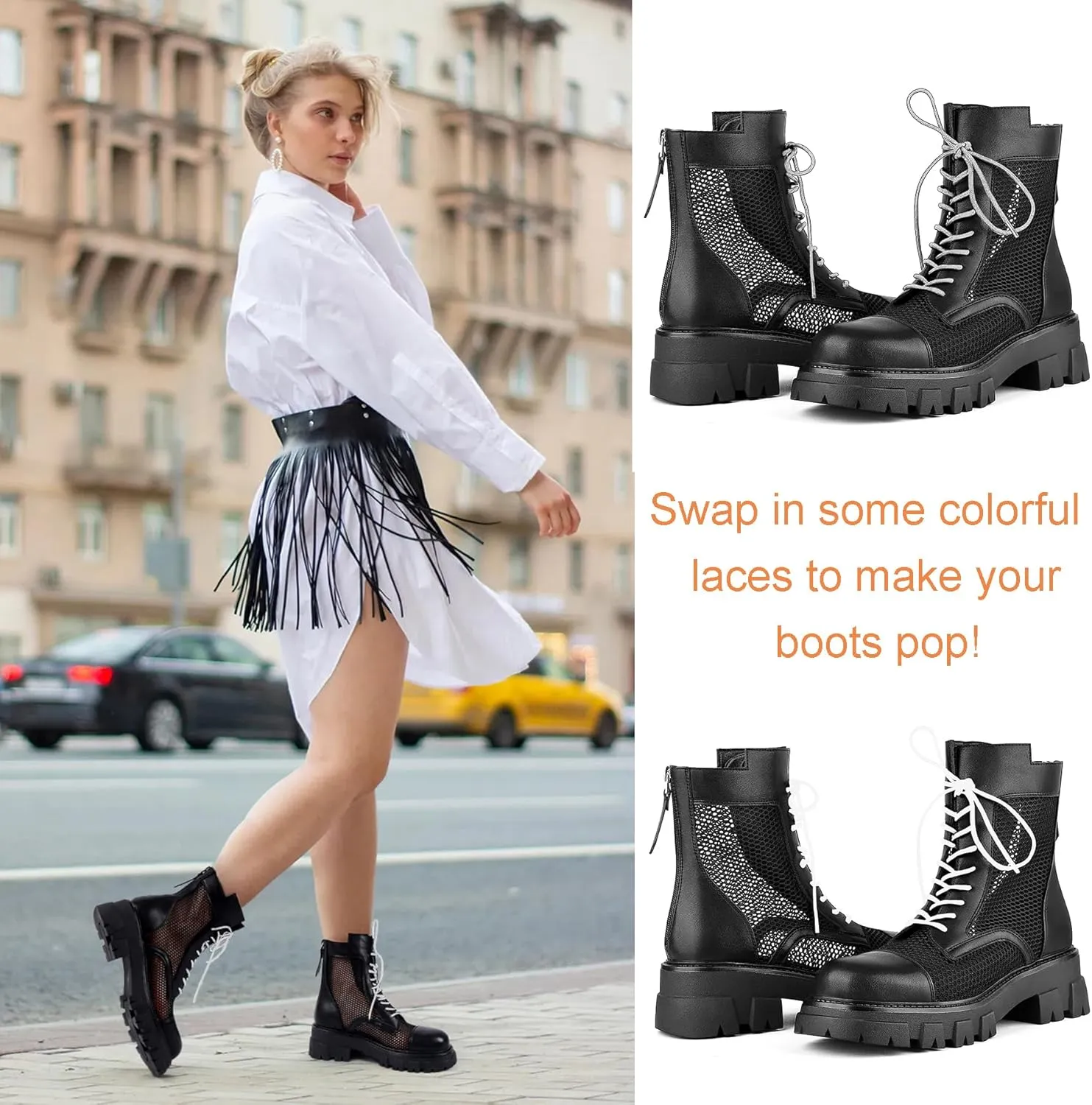 ErikenUrben Women Mesh Combat Boots Platform Lace up Ankle Boots Zip