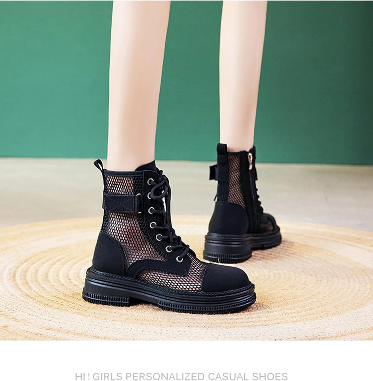 ErikenUrben Women Mesh Combat Boots Platform Lace up Ankle Boots Zip