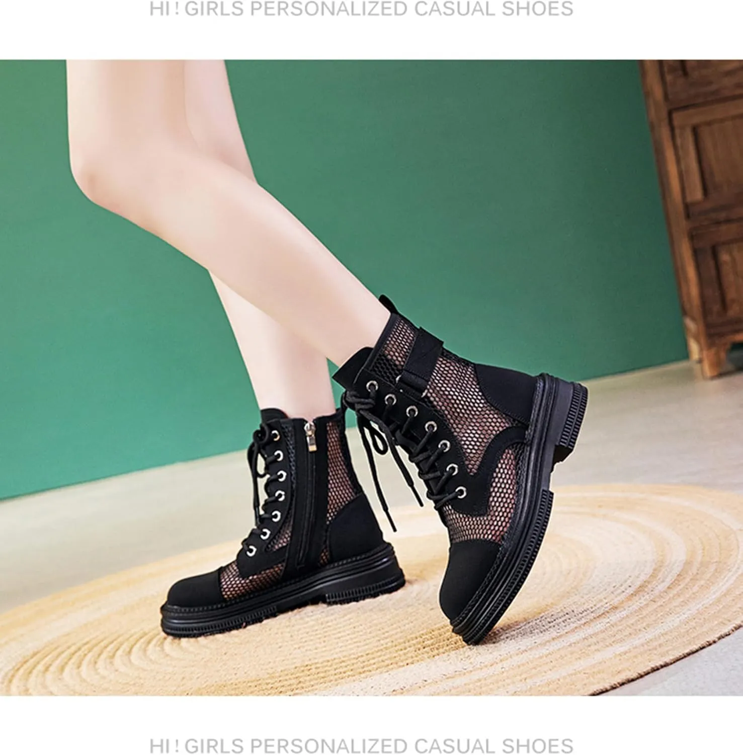 ErikenUrben Women Mesh Combat Boots Platform Lace up Ankle Boots Zip