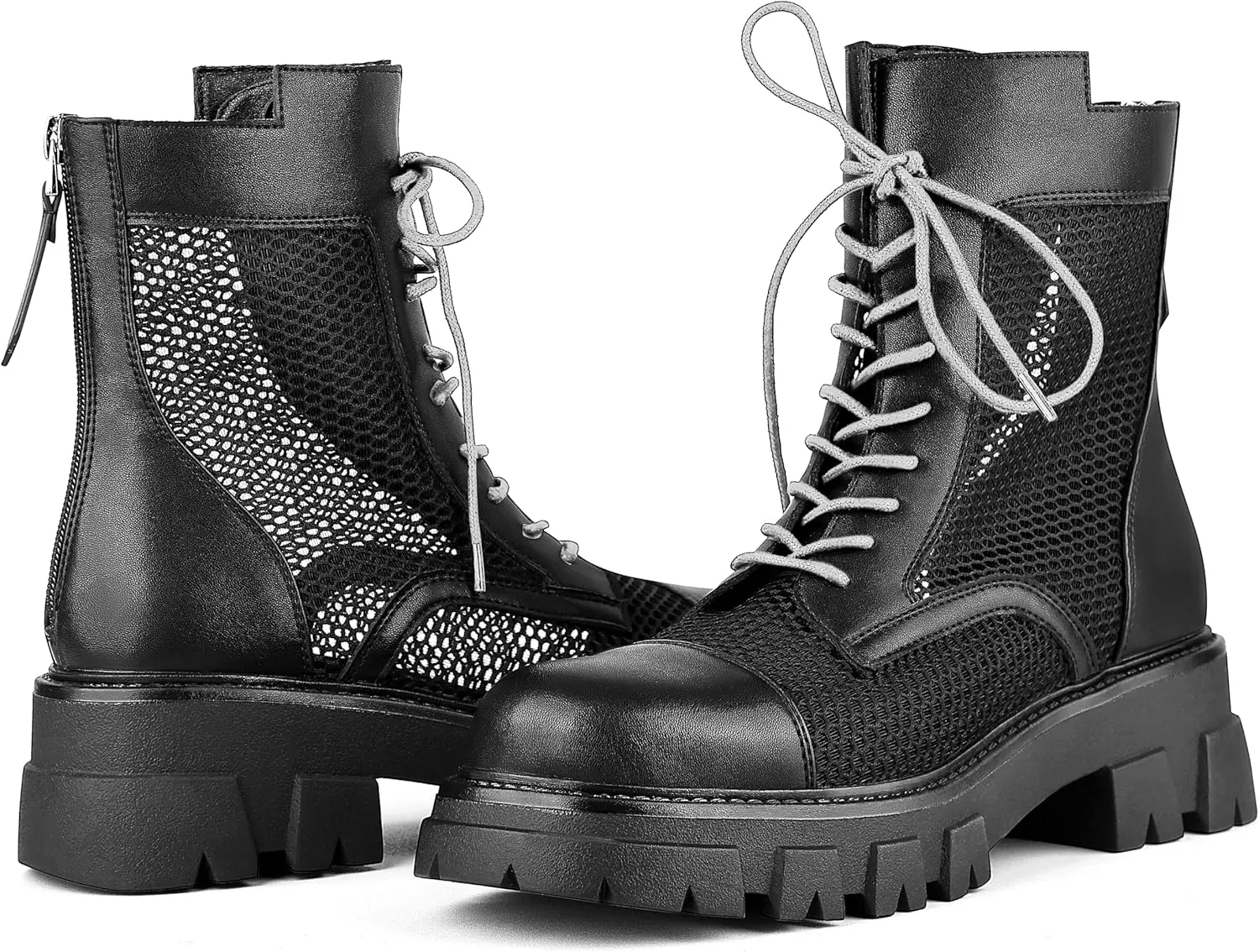 ErikenUrben Women Mesh Combat Boots Platform Lace up Ankle Boots Zip