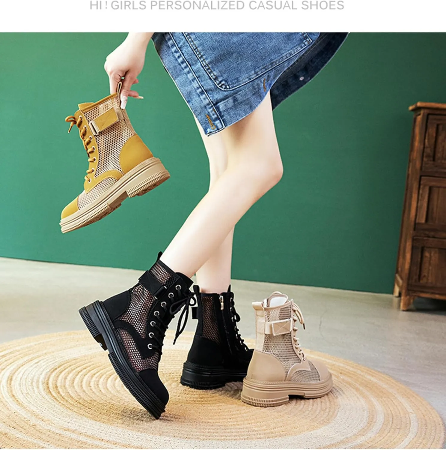 ErikenUrben Women Mesh Combat Boots Platform Lace up Ankle Boots Zip