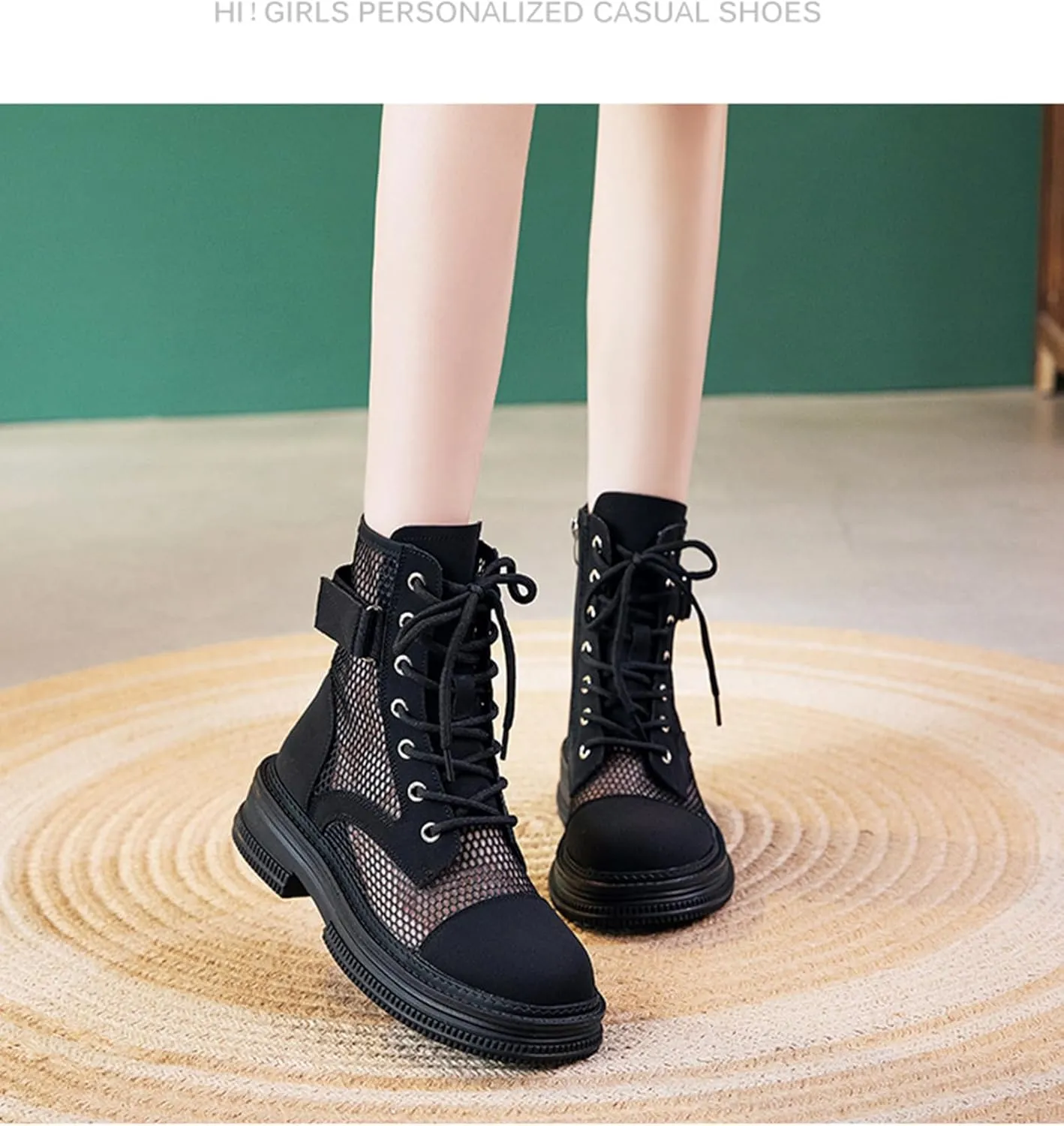 ErikenUrben Women Mesh Combat Boots Platform Lace up Ankle Boots Zip