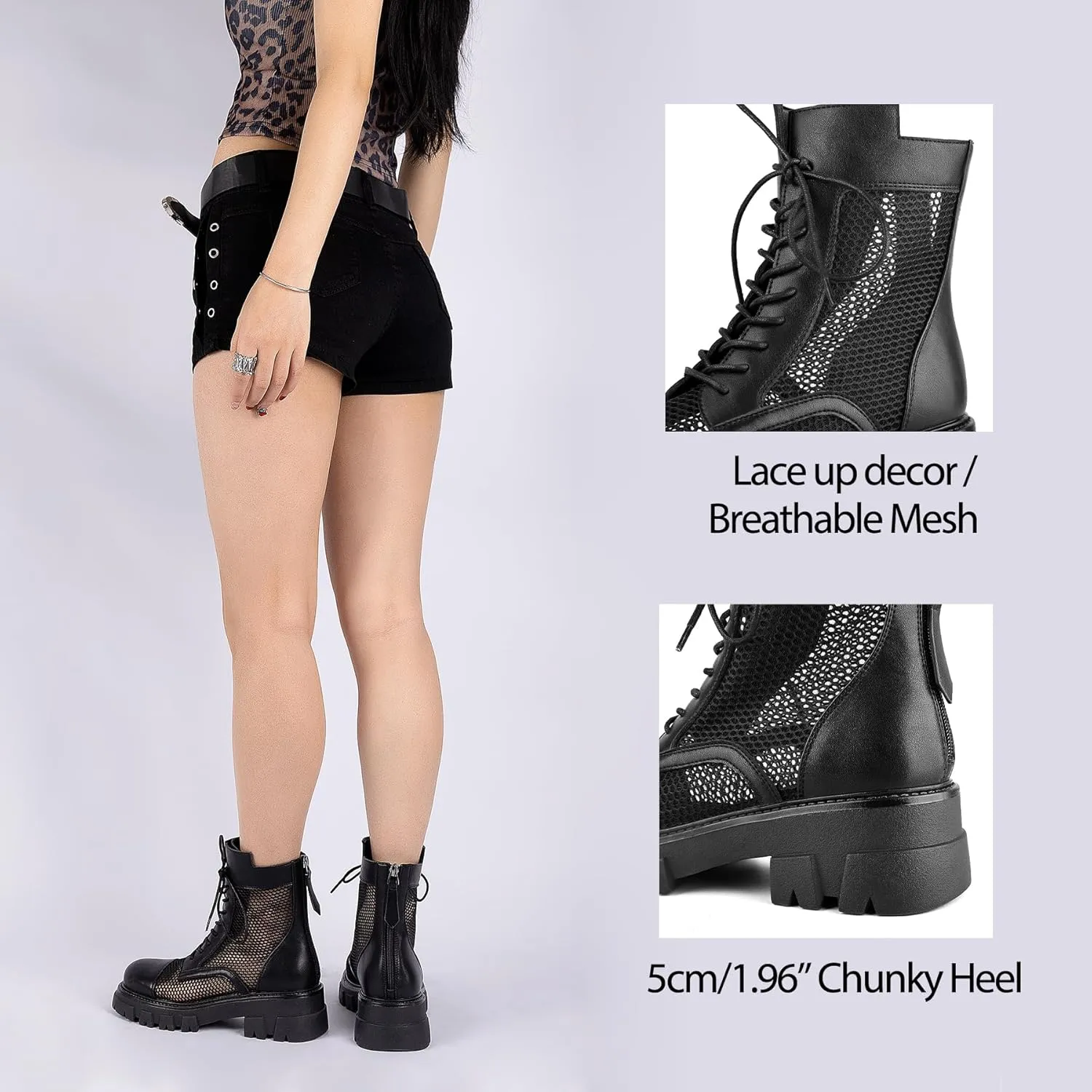 ErikenUrben Women Mesh Combat Boots Platform Lace up Ankle Boots Zip