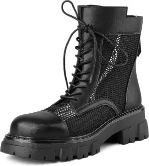 ErikenUrben Women Mesh Combat Boots Platform Lace up Ankle Boots Zip