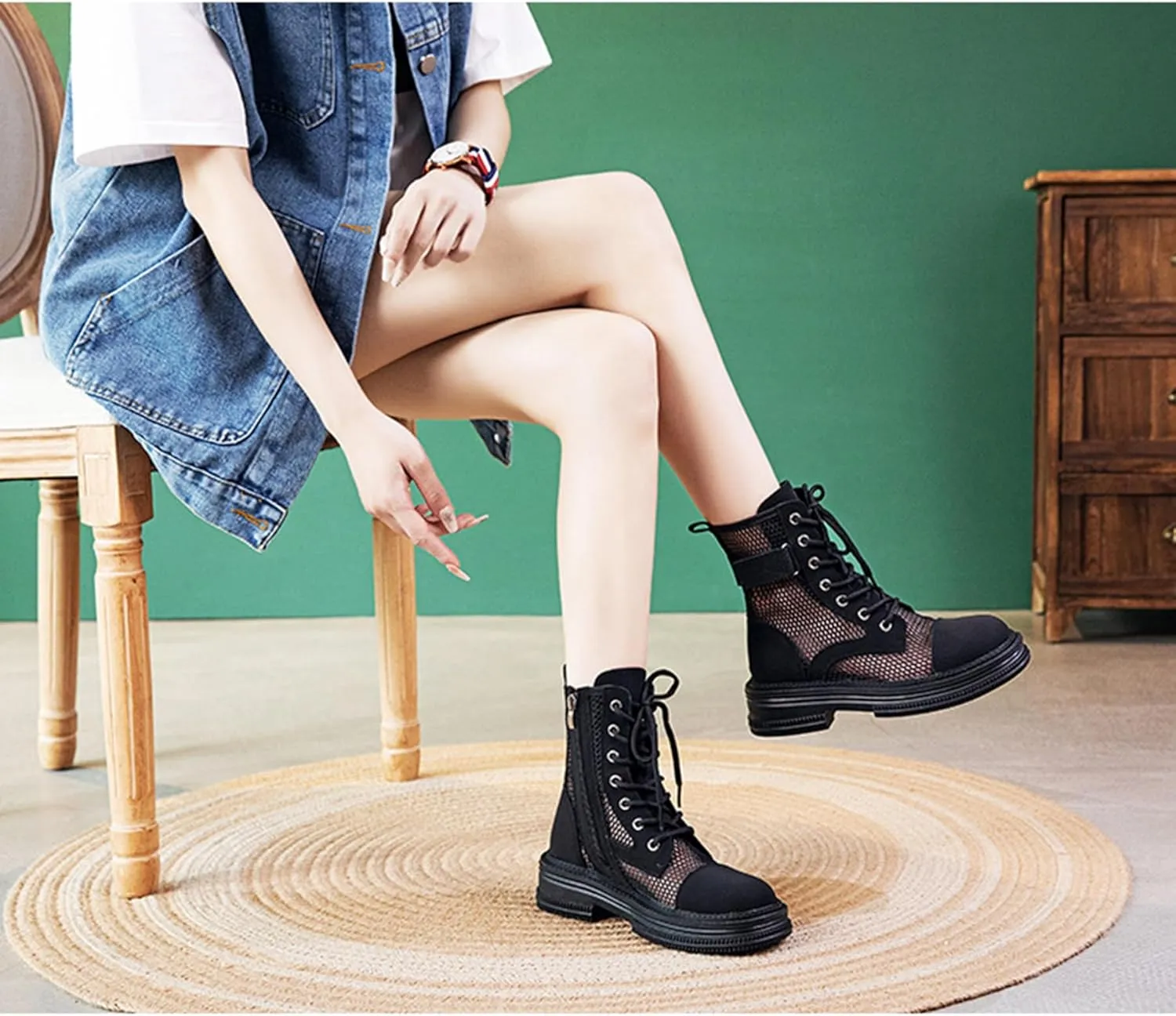 ErikenUrben Women Mesh Combat Boots Platform Lace up Ankle Boots Zip