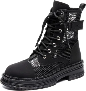 ErikenUrben Women Mesh Combat Boots Platform Lace up Ankle Boots Zip