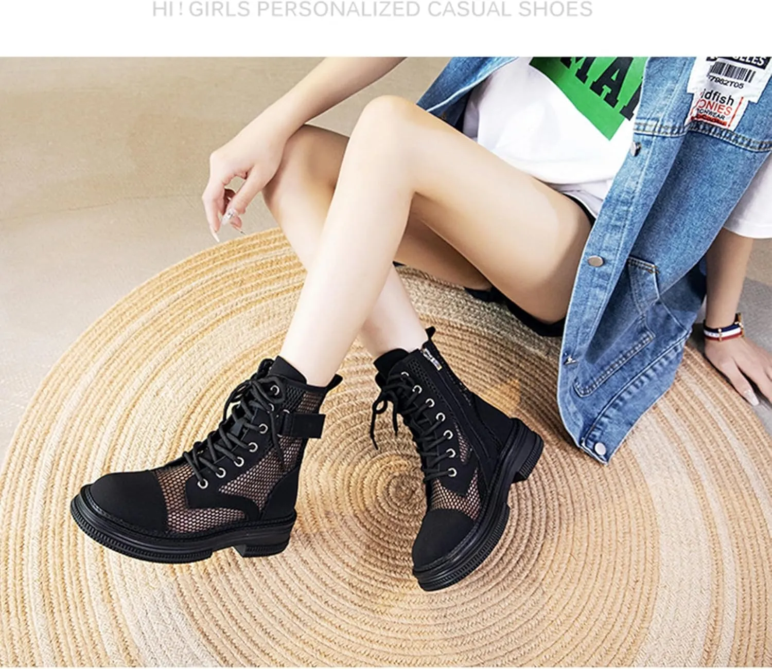 ErikenUrben Women Mesh Combat Boots Platform Lace up Ankle Boots Zip