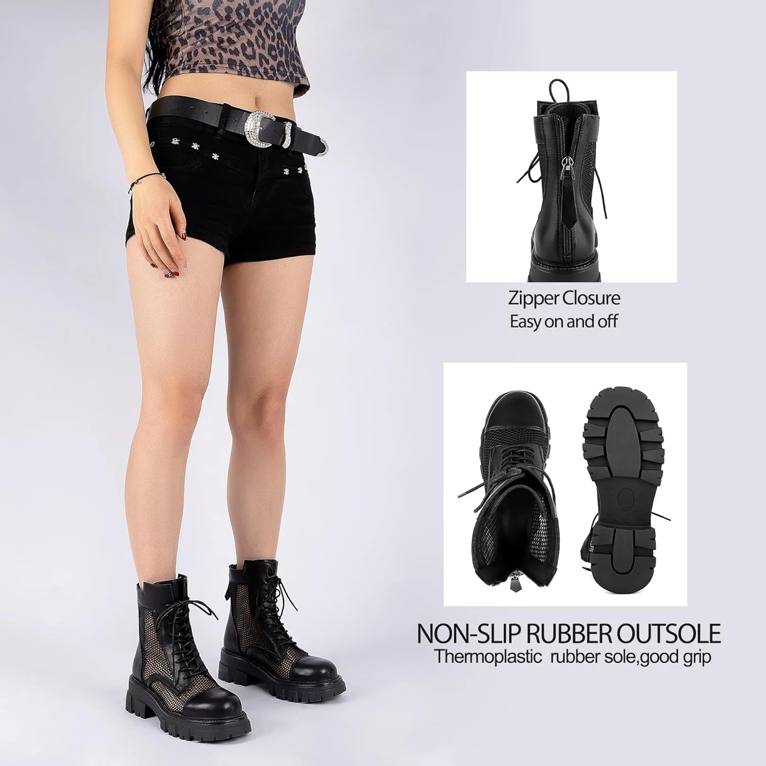 ErikenUrben Women Mesh Combat Boots Platform Lace up Ankle Boots Zip