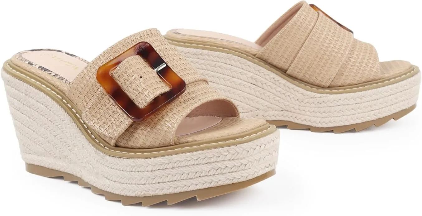 Espadrille Dressy Wedge Sandals, Adjustable Ankle Strap Buckle Women's Platform Sandals Dressy Square Toe, Comfortable High Heel Beach Shoes with Cushioned Footbed for Casual Summer