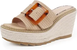 Espadrille Dressy Wedge Sandals, Adjustable Ankle Strap Buckle Women's Platform Sandals Dressy Square Toe, Comfortable High Heel Beach Shoes with Cushioned Footbed for Casual Summer