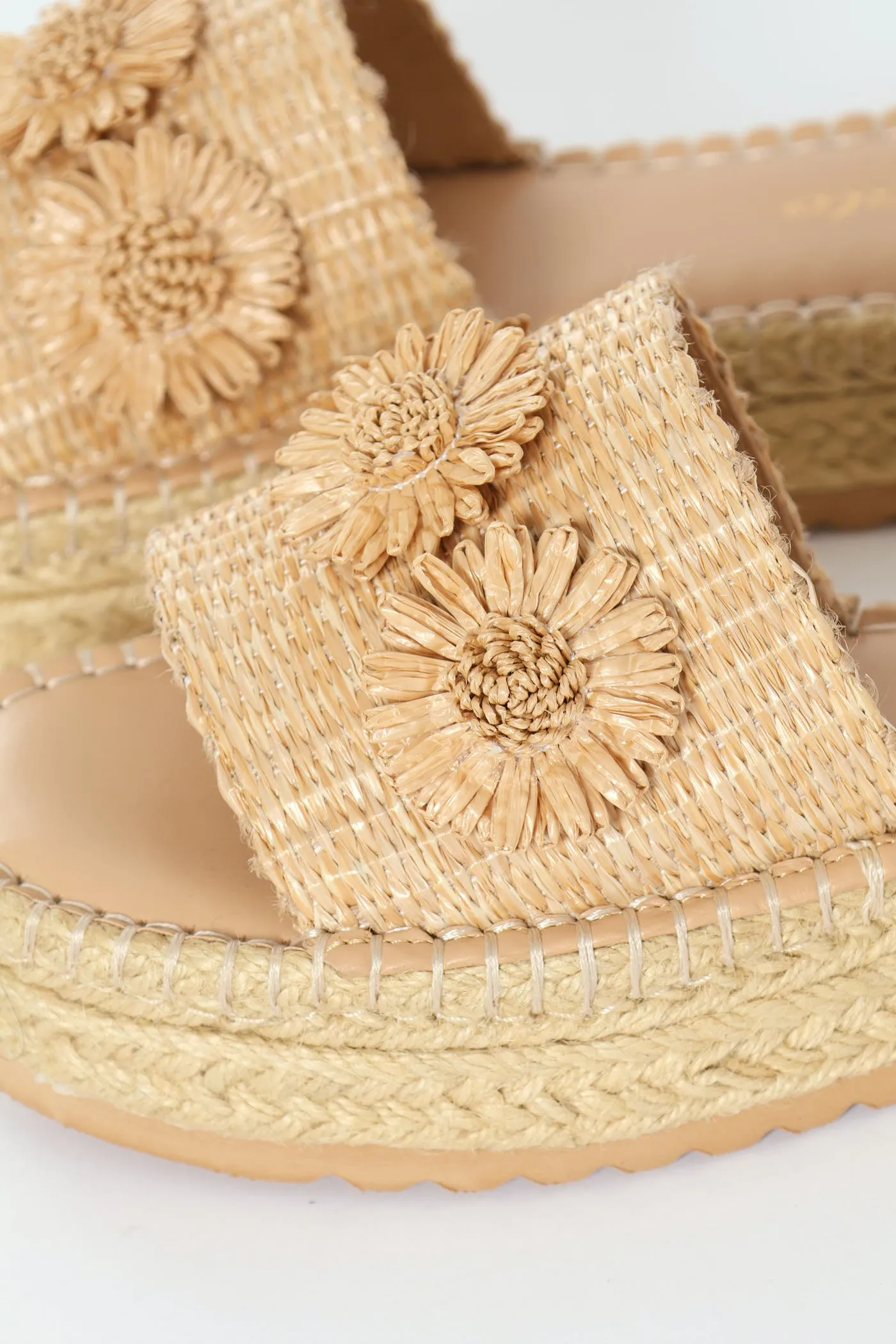 Espadrille Flatform Sandal With Raffia Flower - Natural