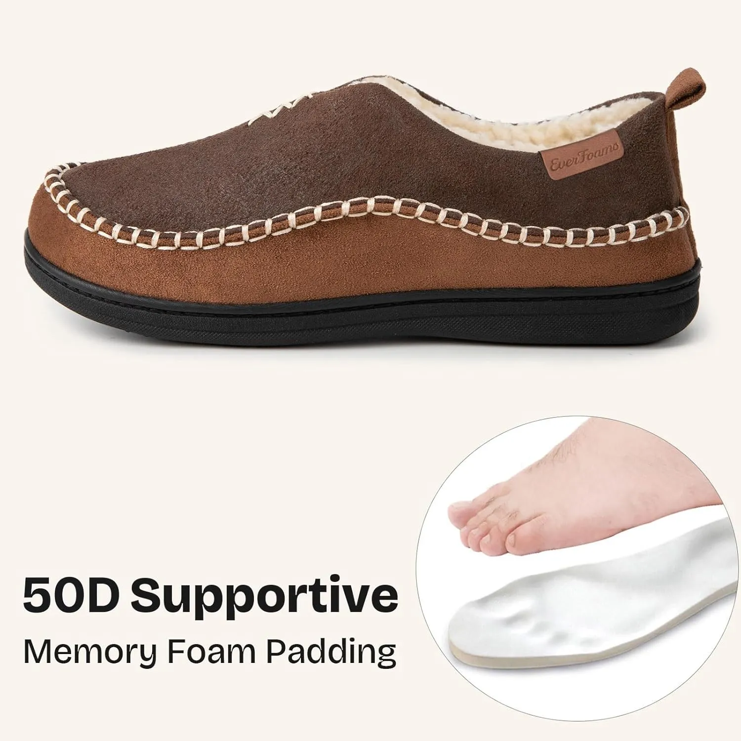 EverFoams Men's Moccasin Slippers Memory Foam Indoor/Outdoor Warm Suede House Shoes with Fuzzy Sherpa Lining