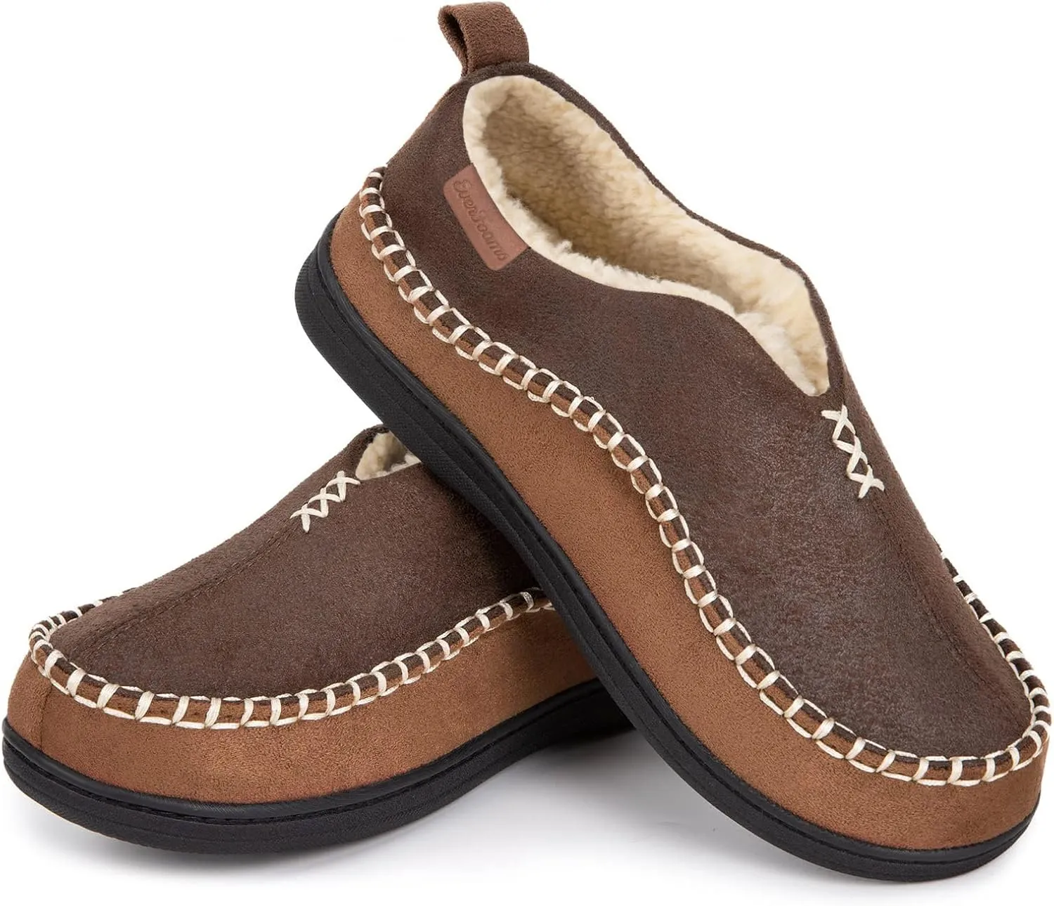 EverFoams Men's Moccasin Slippers Memory Foam Indoor/Outdoor Warm Suede House Shoes with Fuzzy Sherpa Lining