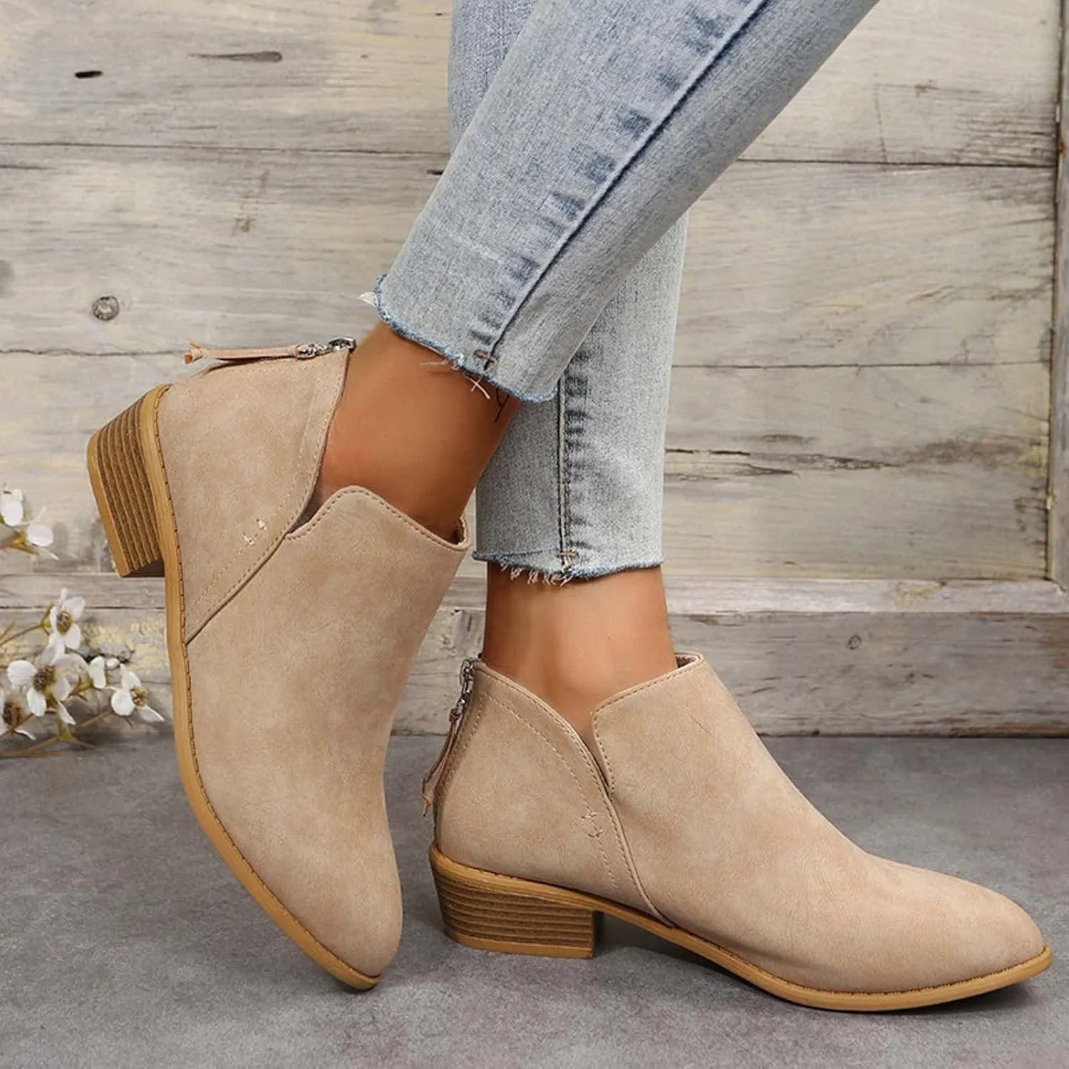 Fashion Boots for Women Chunky Heel Pointed Toe V Cutout Back Zipper Block Low Heel Ankle Booties Fall Solid Casual Comfy Outdoor Ladies Shoes