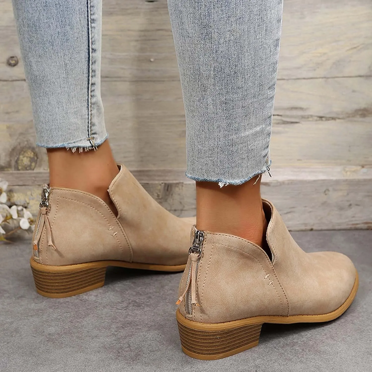 Fashion Boots for Women Chunky Heel Pointed Toe V Cutout Back Zipper Block Low Heel Ankle Booties Fall Solid Casual Comfy Outdoor Ladies Shoes