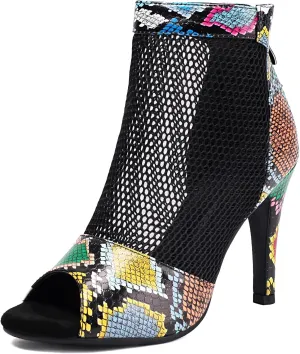 Fashion Peep Toe Mesh Air Snakeskin Booties Women Gladiator Summer Booties Open Toe Leopard Ankle Boots Stiletto High Heeled Dance Wedding Party Sandals