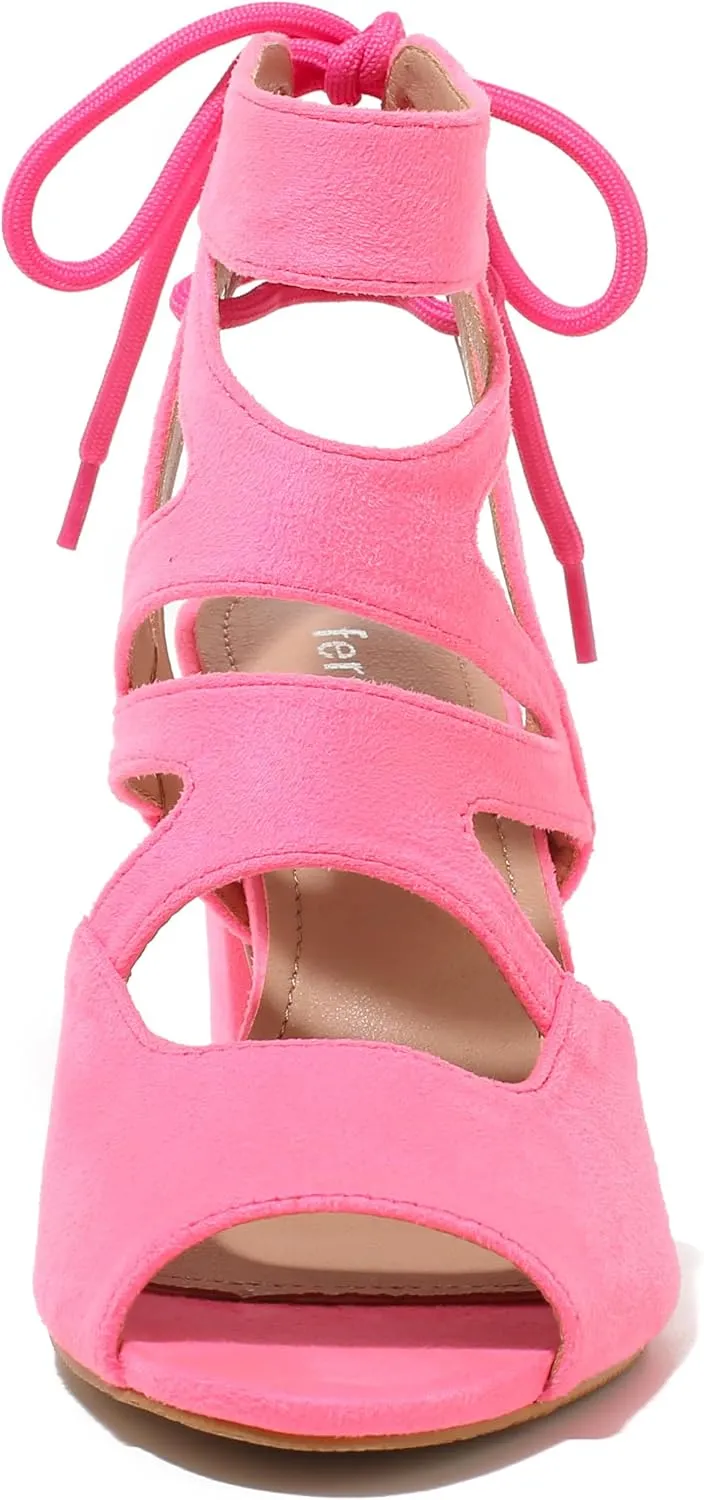 fereshte Womens Gladiator Sandals Strappy Lace Up Hollow Out Chunky High Heels