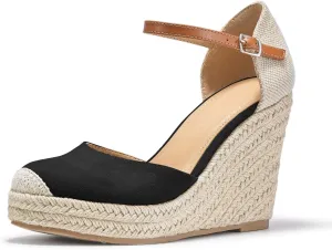 FISACE Womens Summer Espadrille Heel Platform Wedge Sandals Ankle Buckle Strap Closed Toe Shoes