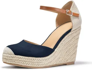 FISACE Womens Summer Espadrille Heel Platform Wedge Sandals Ankle Buckle Strap Closed Toe Shoes