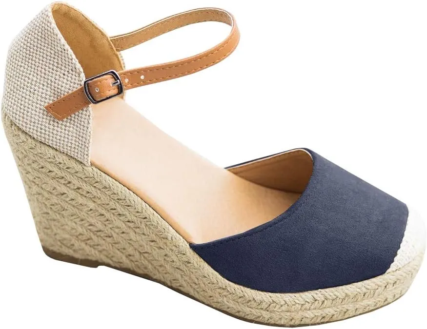FISACE Womens Summer Espadrille Heel Platform Wedge Sandals Ankle Buckle Strap Closed Toe Shoes