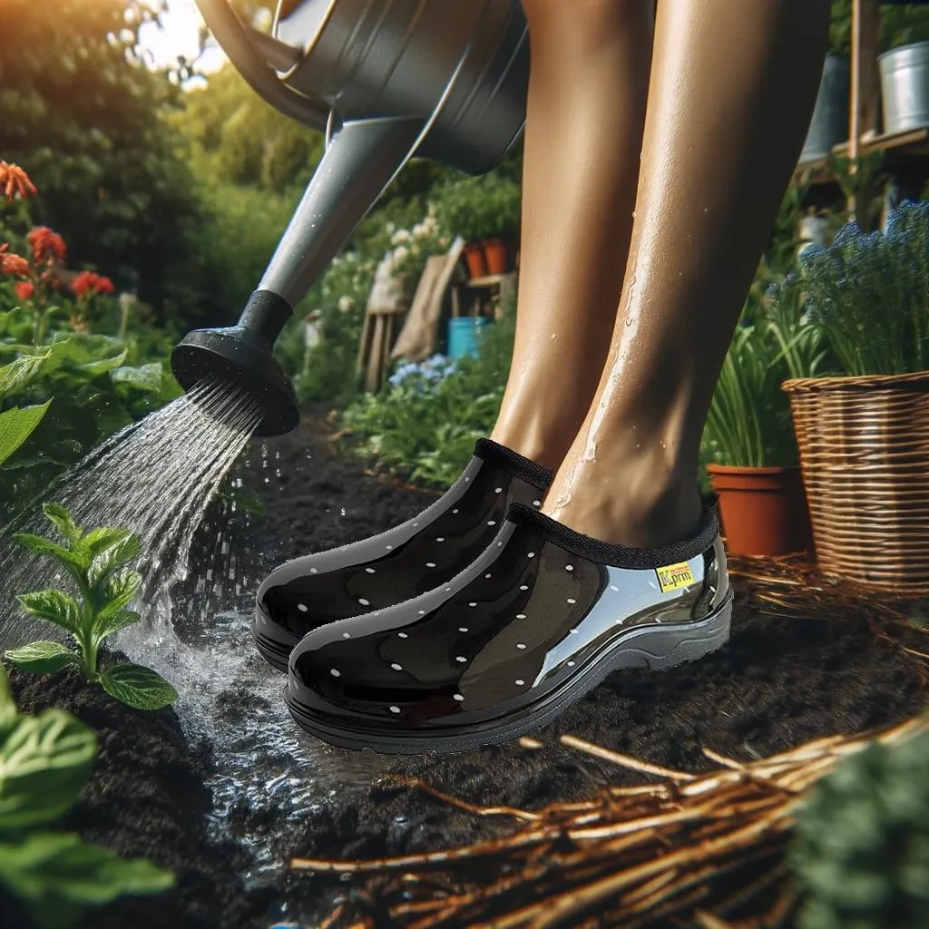 Flat Garden Shoes for Women Waterproof Slip-On Womens Rubber Rain Shoes Gardening Clogs with Comfort Insole