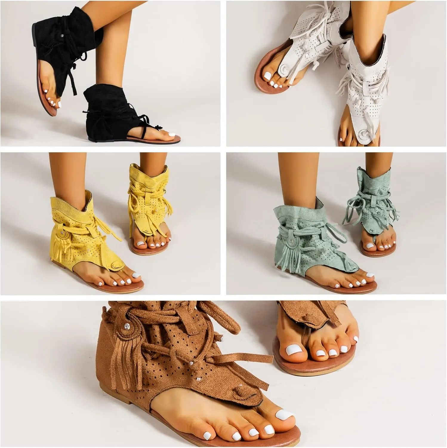 Flat Tassel Gladiator Sandals for Women Casual Summer Bohemian Back Strappy Fringe Sandals Dressy Flip Flops Thong Sandals