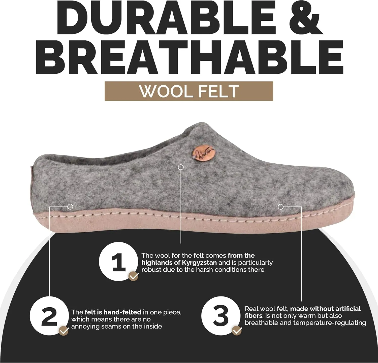 Footprint Hand-Felted Wool Slippers with Footbed for Extreme Comfort | Whisper-Silent Slip-On House Slippers for Women & Men | Slip-Resistant Leather Sole, Indoor Washable Slippers - Itch-Free