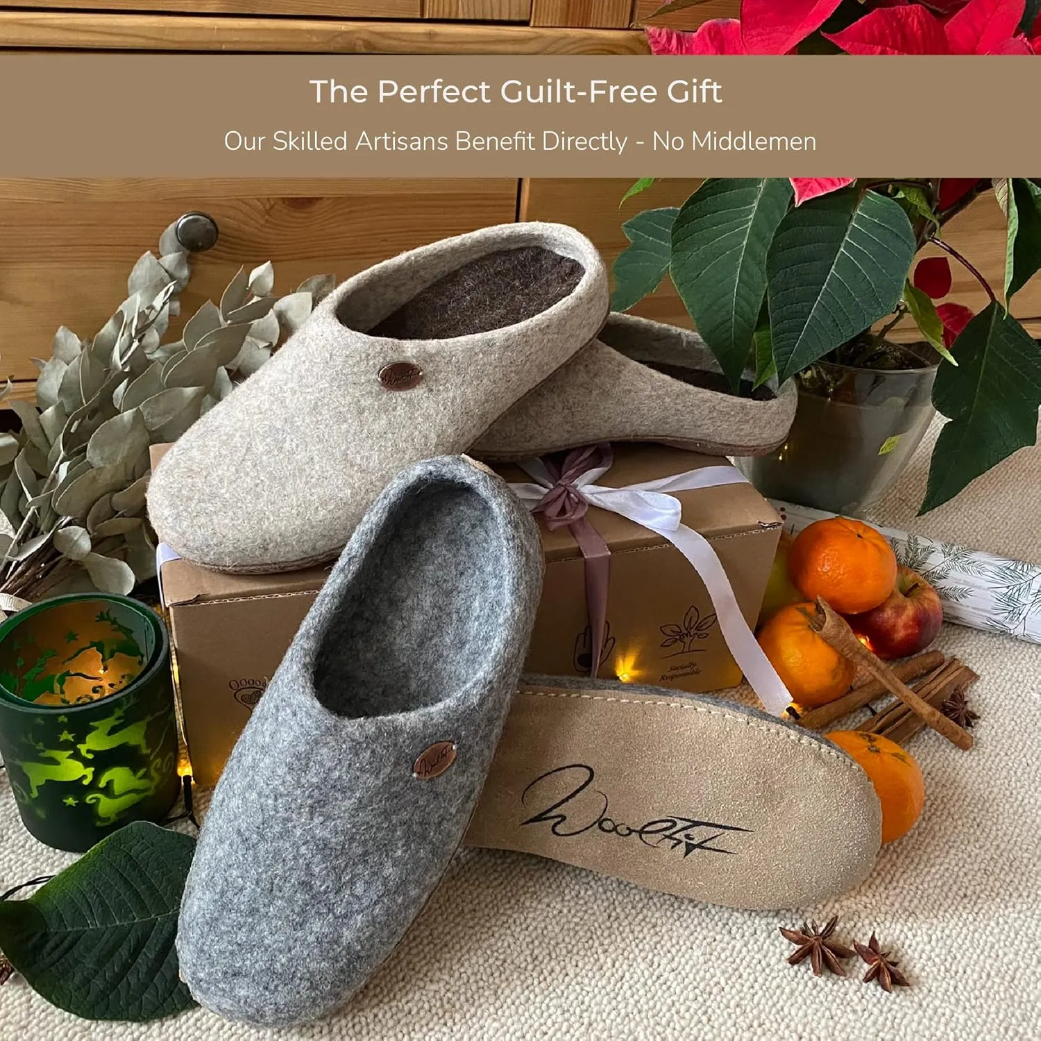 Footprint Hand-Felted Wool Slippers with Footbed for Extreme Comfort | Whisper-Silent Slip-On House Slippers for Women & Men | Slip-Resistant Leather Sole, Indoor Washable Slippers - Itch-Free