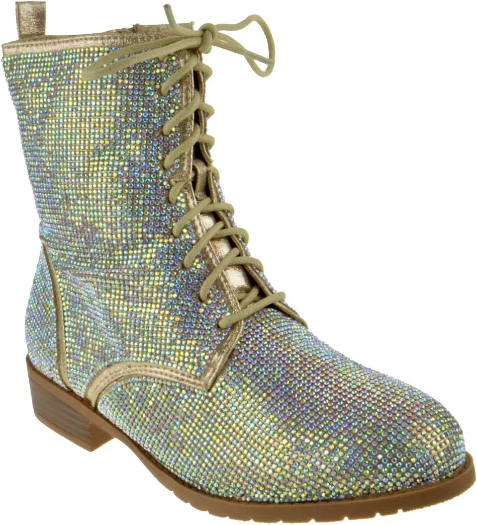 Forever Link Womens Lace Up Rhinestone Combat Boots