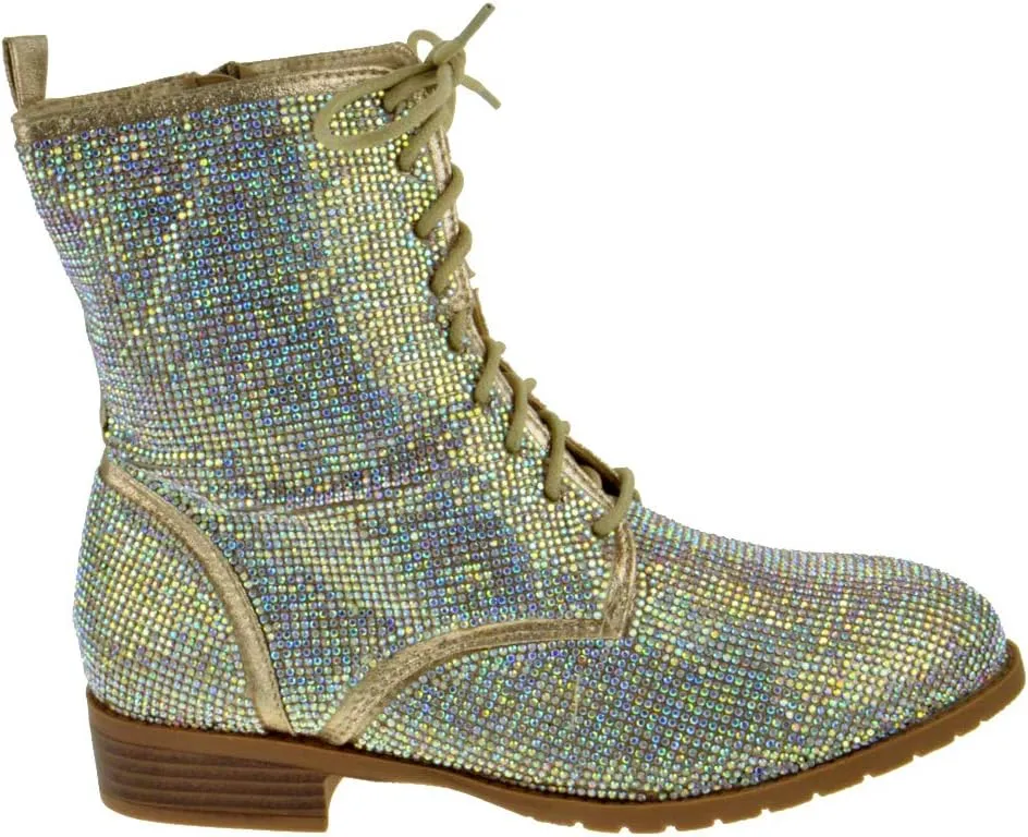Forever Link Womens Lace Up Rhinestone Combat Boots