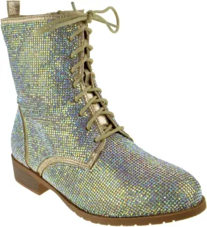 Forever Link Womens Lace Up Rhinestone Combat Boots
