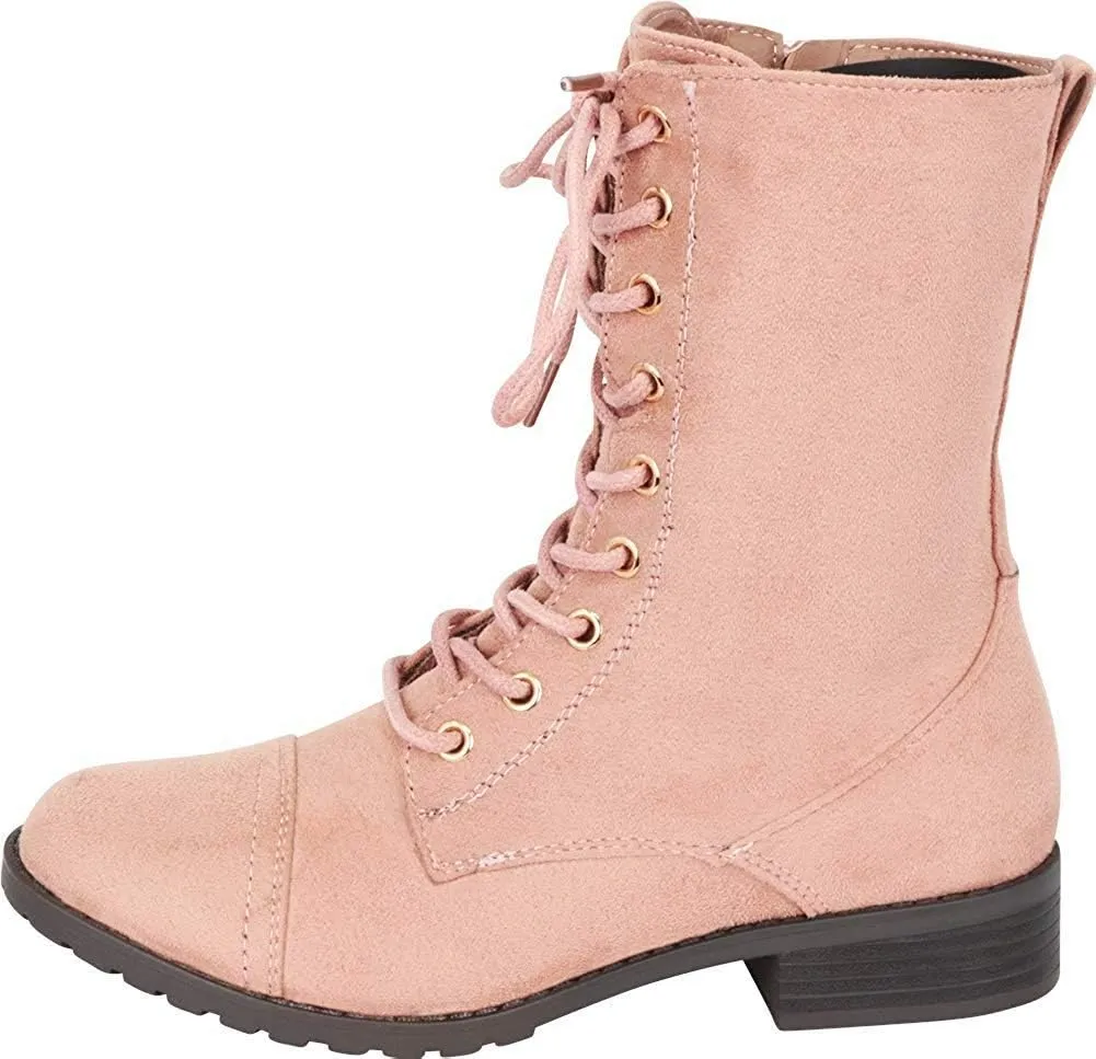 Forever Link Womens Round Toe Military Lace up Knit Ankle Cuff Low Heel Combat Boots