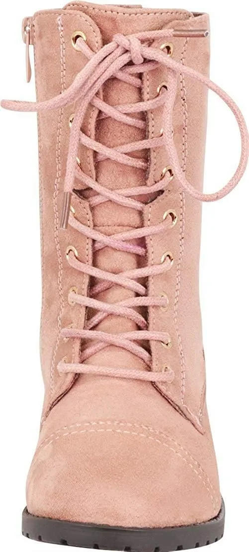 Forever Link Womens Round Toe Military Lace up Knit Ankle Cuff Low Heel Combat Boots