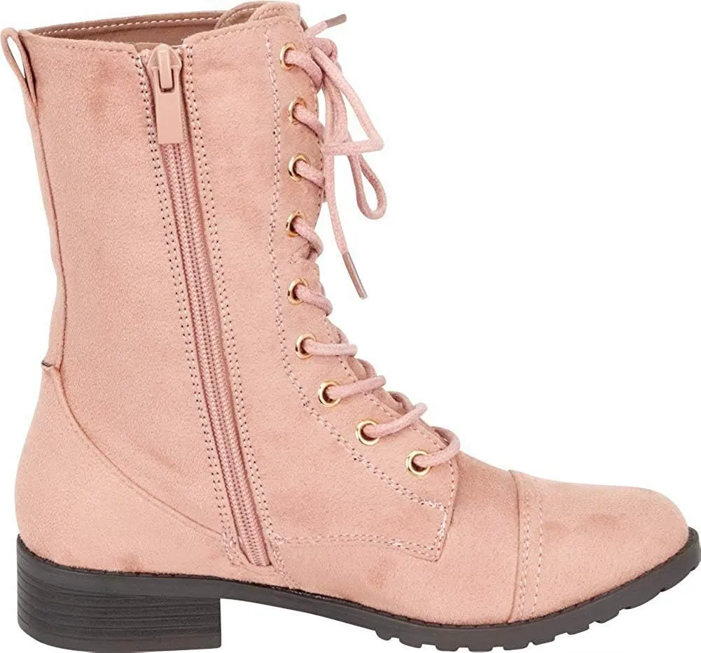 Forever Link Womens Round Toe Military Lace up Knit Ankle Cuff Low Heel Combat Boots