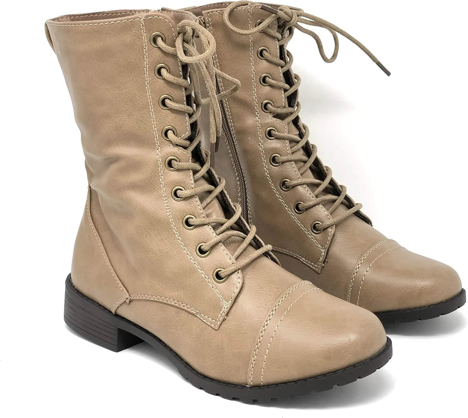 Forever Link Womens Round Toe Military Lace up Knit Ankle Cuff Low Heel Combat Boots