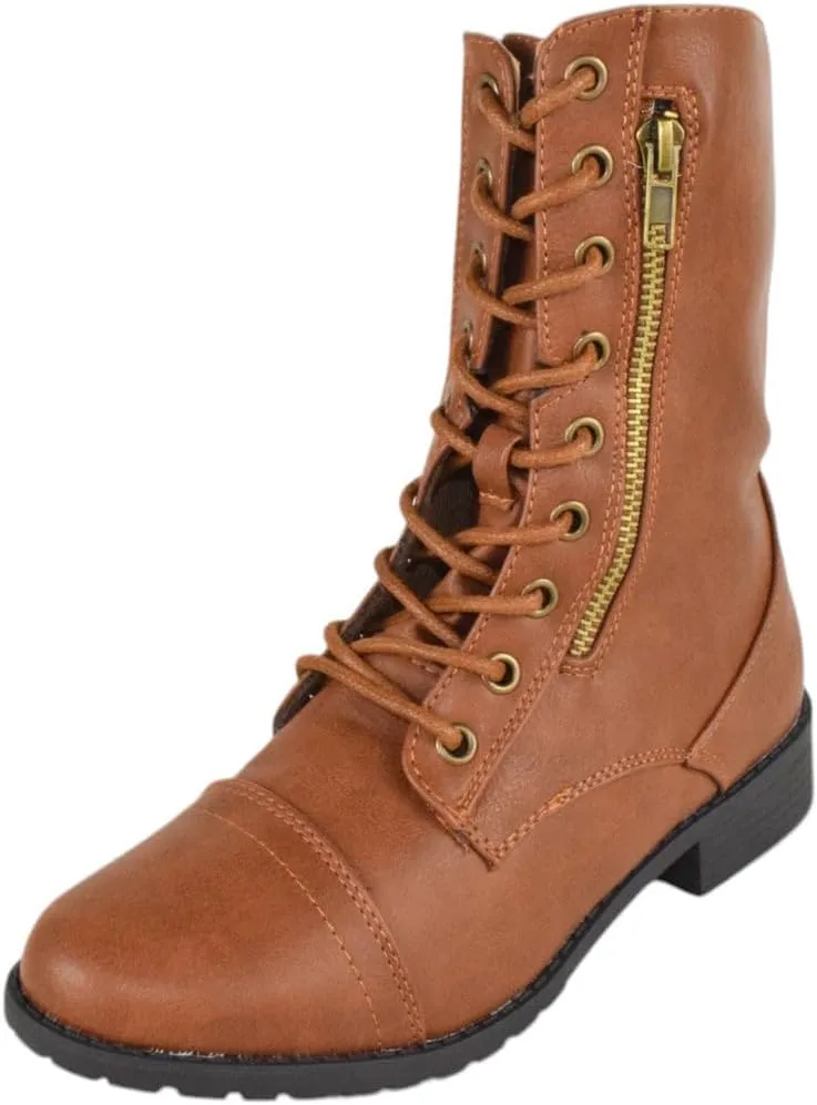 Forever Women Shoes Combat Army Style Boots Lace Up Side Zipper Booties