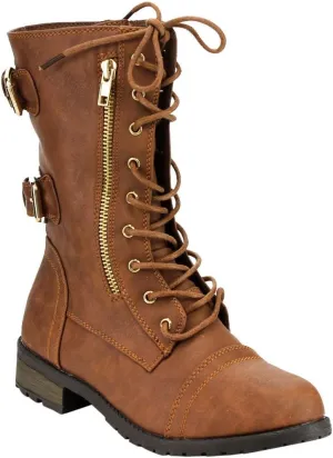 Forever Women's Mango-71 Faux Leather Military Style Ankle Boots Thick Sole Buckles,Tan,6.5