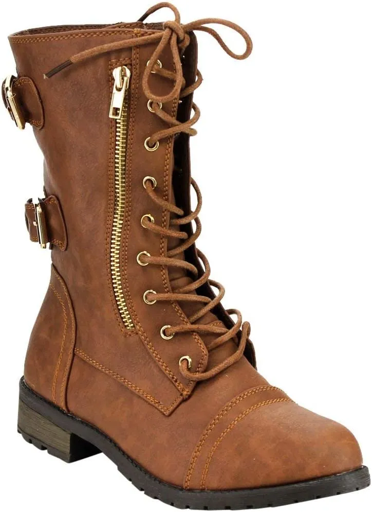 Forever Women's Mango-71 Faux Leather Military Style Ankle Boots Thick Sole Buckles,Tan,6.5