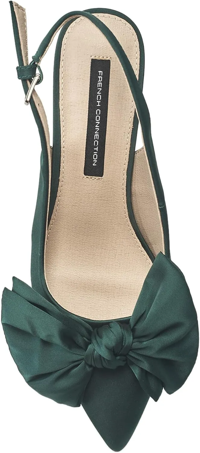 French Connection Women's Quinn Satin Bow Pumps – Slip-On Dress Shoe with 1" Kitten Heel with Adjustable Buckle, Comfort Footpad