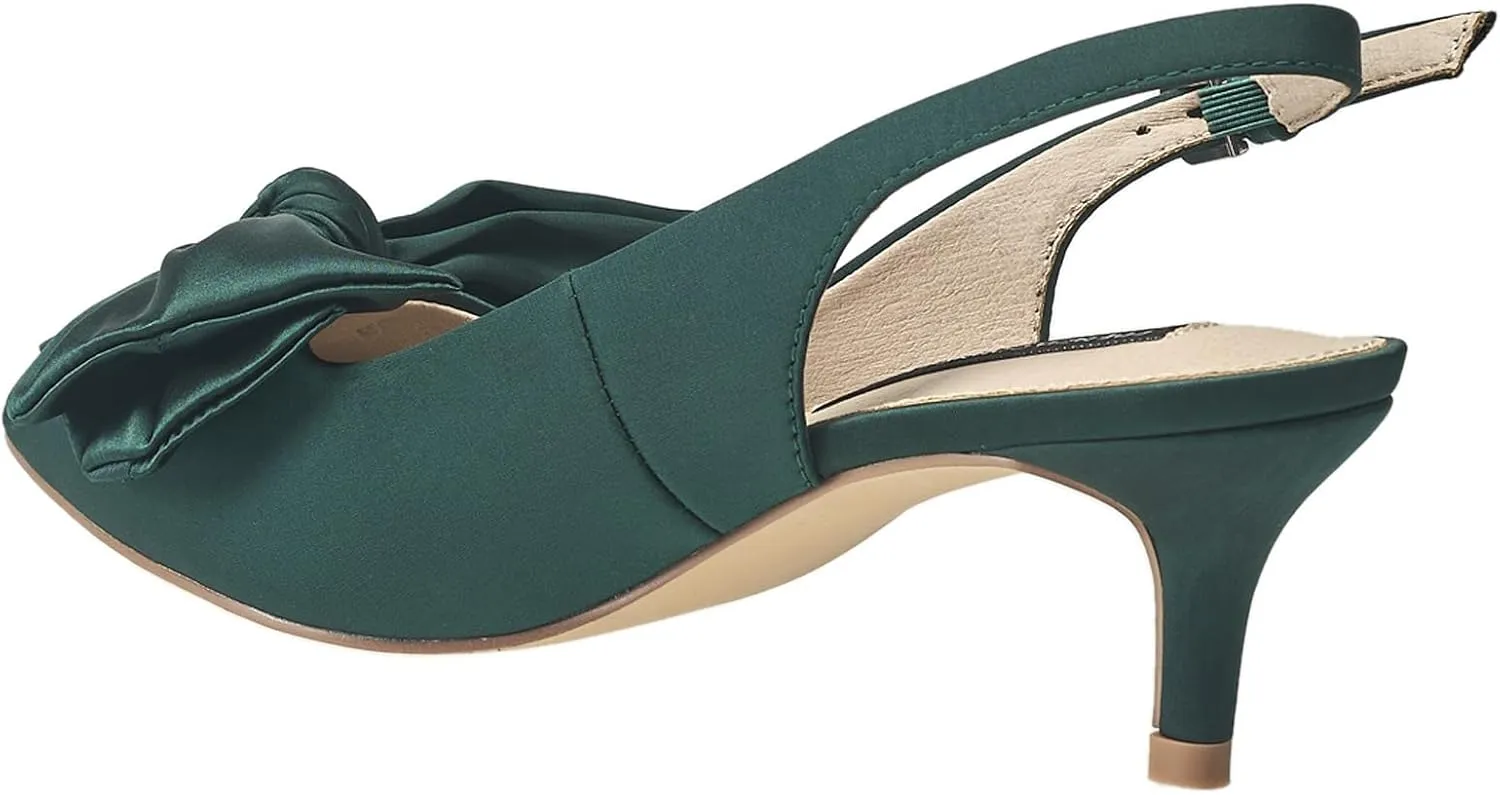 French Connection Women's Quinn Satin Bow Pumps – Slip-On Dress Shoe with 1" Kitten Heel with Adjustable Buckle, Comfort Footpad