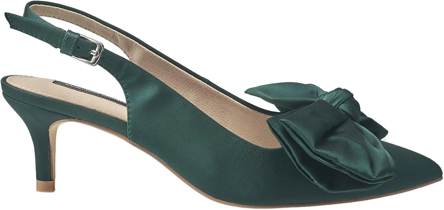 French Connection Women's Quinn Satin Bow Pumps – Slip-On Dress Shoe with 1" Kitten Heel with Adjustable Buckle, Comfort Footpad