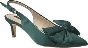 French Connection Women's Quinn Satin Bow Pumps – Slip-On Dress Shoe with 1" Kitten Heel with Adjustable Buckle, Comfort Footpad