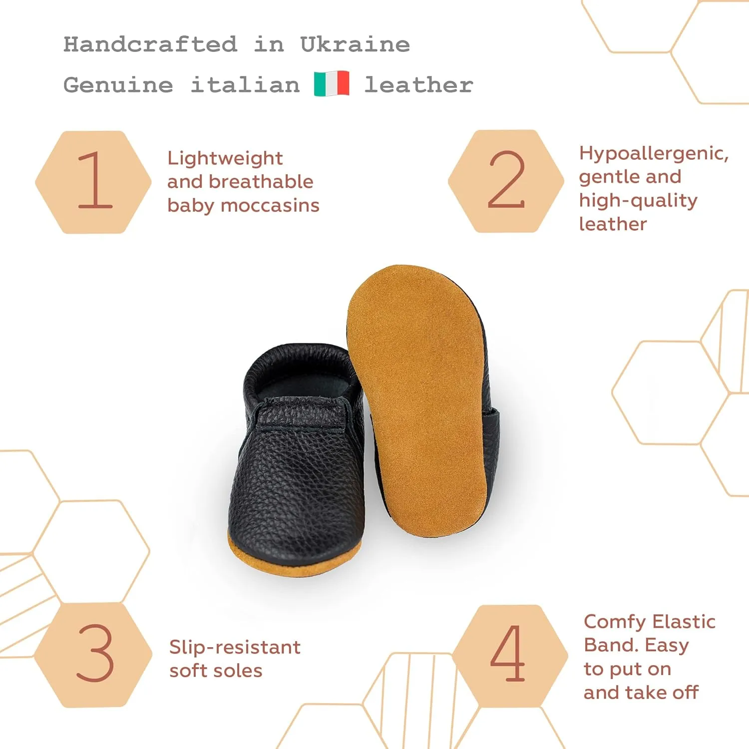 Fringeless Baby Moccasins with Non-Slip Suede Sole - Genuine Italian Leather, Boys and Girls Shoes for Newborns, Babies, Infants, Toddlers