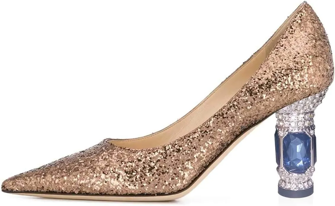 FSJ Women Bridal Pointed Toe Mid Low Heels Crystal Pumps Slip on Comfort Wedding Glitter Shoes