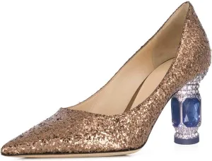 FSJ Women Bridal Pointed Toe Mid Low Heels Crystal Pumps Slip on Comfort Wedding Glitter Shoes