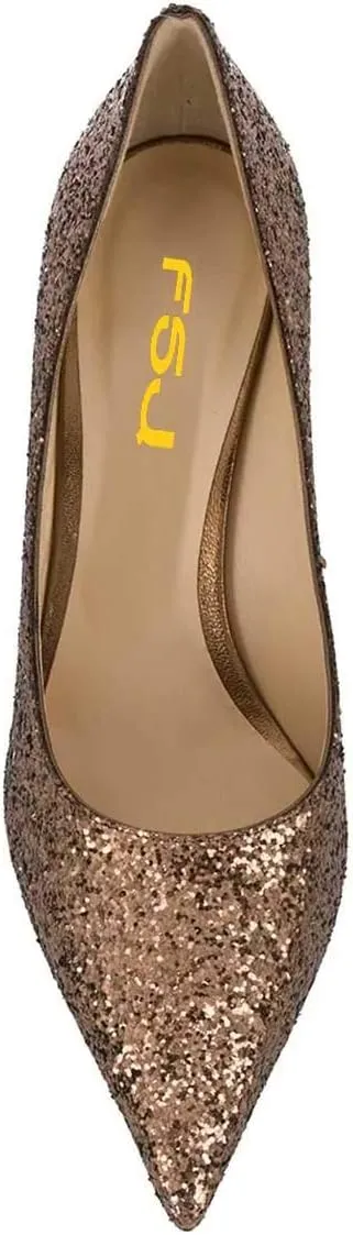 FSJ Women Bridal Pointed Toe Mid Low Heels Crystal Pumps Slip on Comfort Wedding Glitter Shoes